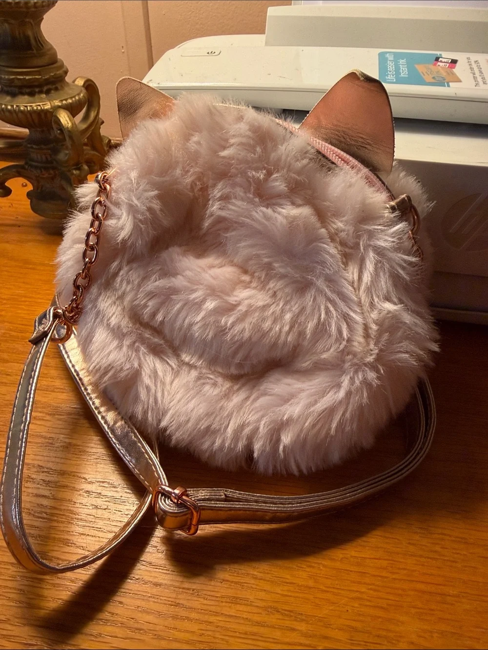 Justice Blush Pink Furry Cat Crossbody Bag with Metallic Strap